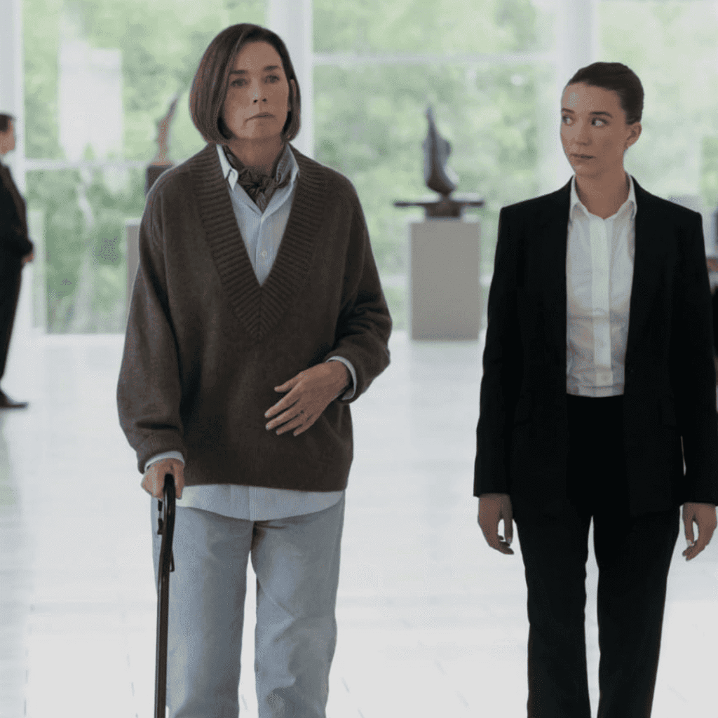 Paradise Season 2 Mid-Season Review Episodes 1-4: Jane accompanying Sinatra as she walks with a cane inside the bunker leadership environment.