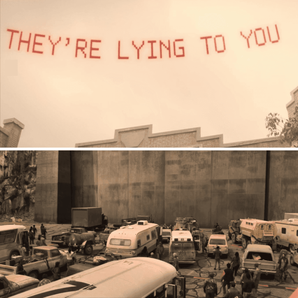 Paradise Season 2 Mid-Season Review Episodes 1-4: two image grid showing the artificial sky with red warning message and Link leading survivors outside the bunker.