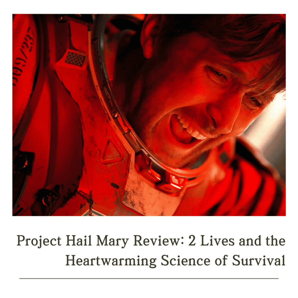 A high-tension close-up for our Project Hail Mary Review showing Ryland Grace screaming in his spacesuit under a harsh red light filter effect.