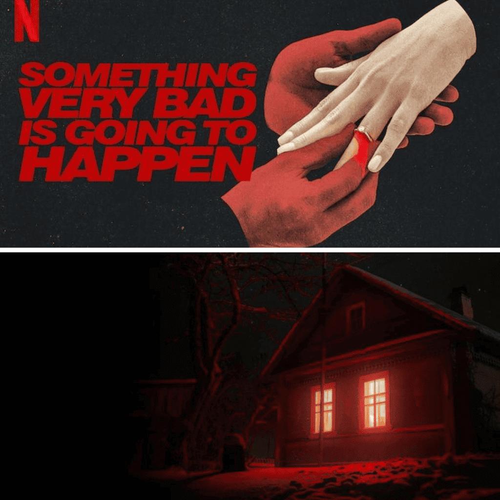 A two-image grid for the Something Very Bad Is Going to Happen review showing Nicky placing a ring on Rachel’s finger next to a dark cabin with a sinister red light glowing from the windows.