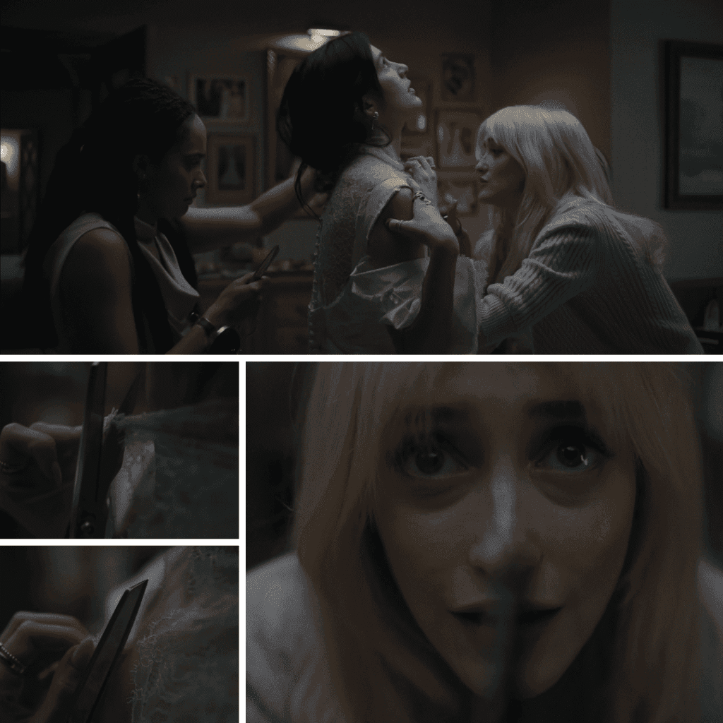 A four-image grid for the Something Very Bad Is Going to Happen review showing Portia and Nell cutting the mother-in-law’s wedding dress while Rachel is still wearing it.