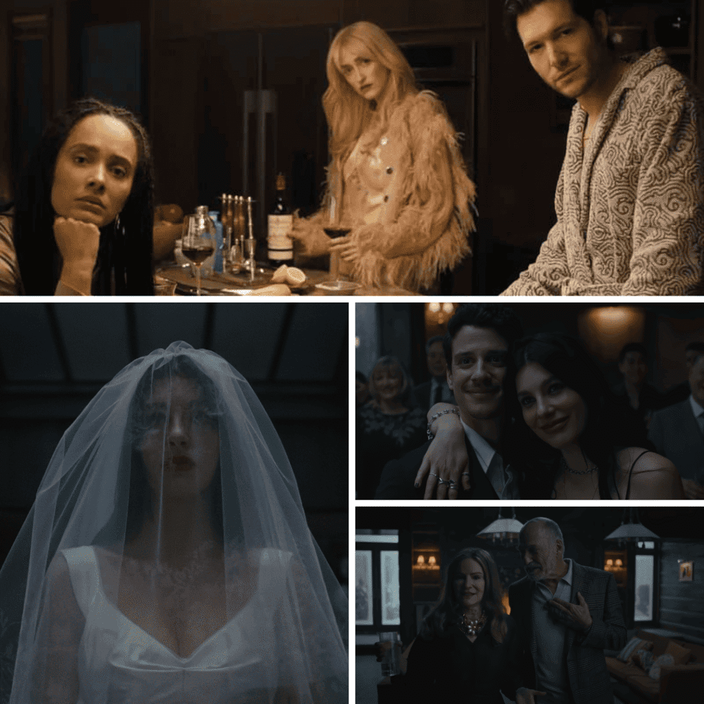four-image grid featuring Portia, Nell, Jules, and Nicky’s parents from the Something Very Bad Is Going to Happen review, capturing the family’s collective coldness.