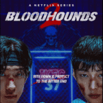 A promo poster for the Bloodhounds Season 2 Review showing the IKFC ring at the center, flanked by the focused profiles of Geon-woo and Woo-jin.
