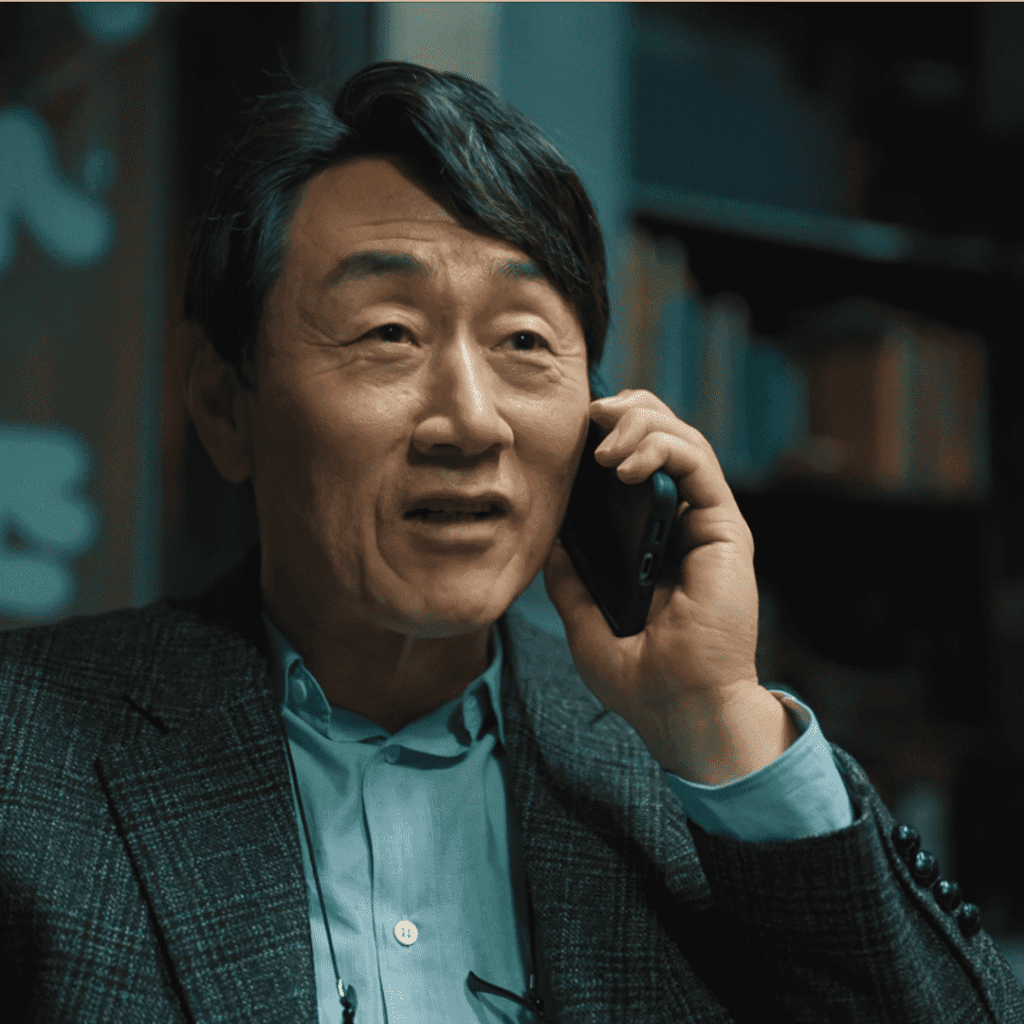 President Choi on the phone, looking jolly while managing his recruiting security in this Bloodhounds Season 1 Recap.