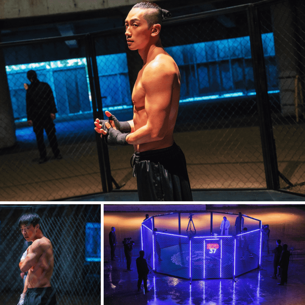 A three-image grid for the Bloodhounds Season 2 Review showing Im Baek-jeong in the cage, the empty IKFC arena, and Geon-woo clutching an injured arm.