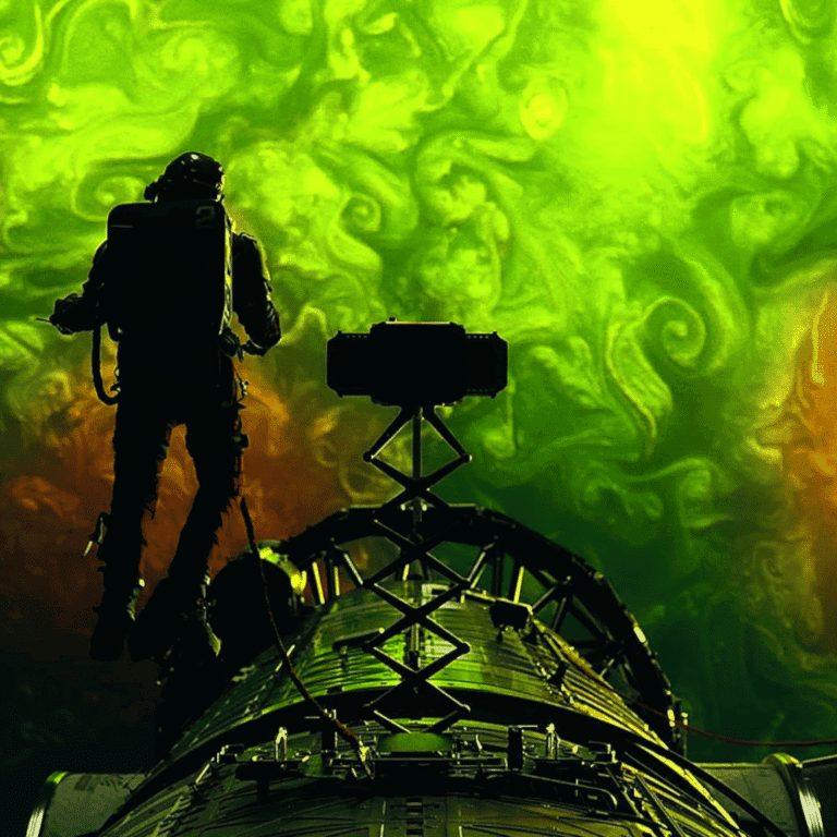 A cinematic wide shot from our Project Hail Mary Review showing Ryland Grace with his back to the camera, staring at the beautiful green Astrophage during his Tau Ceti spacewalk.