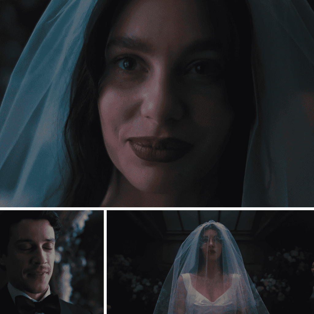 A three-image grid from our Something Very Bad Is Going to Happen review depicting Nicky and Rachel standing at the altar during the final stages of the wedding.