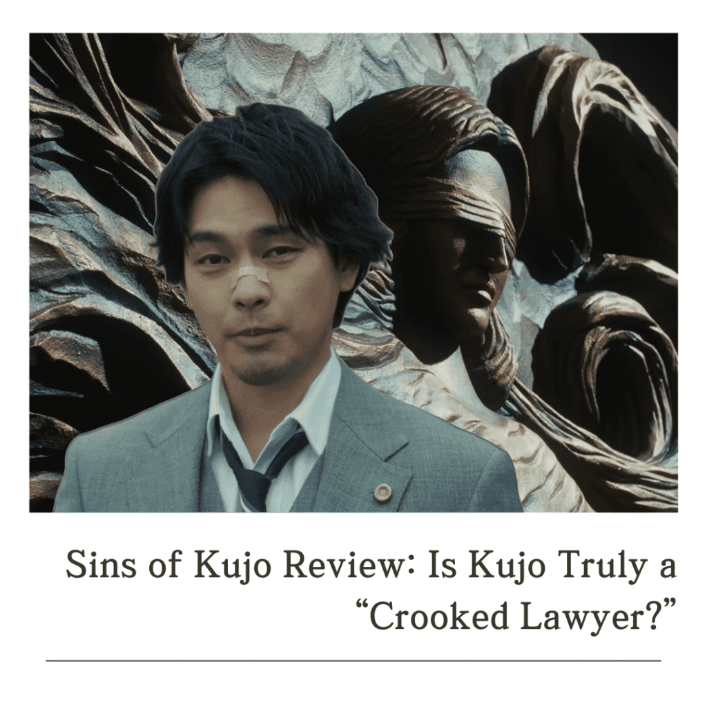 cutout image for the Sins of Kujo review featuring Kujo standing defiantly in front of the scales of Lady Justice