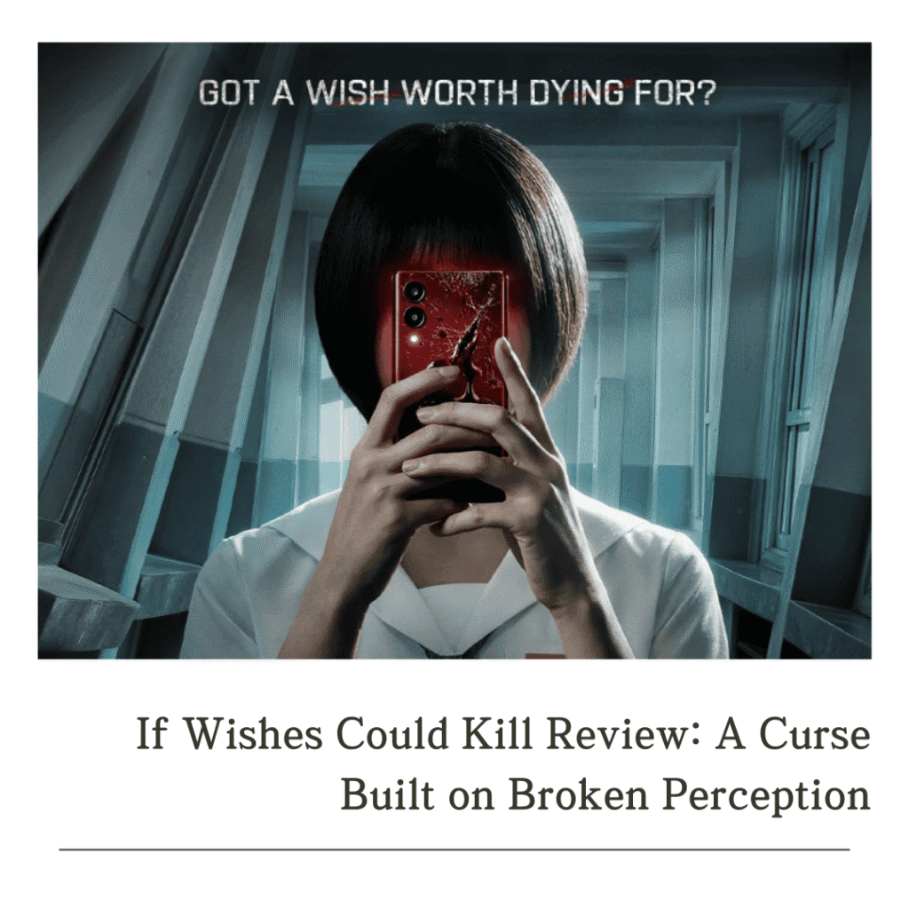 A striking promo poster for our If Wishes Could Kill Review featuring Se-ah holding up a cracked mobile phone that carries the deadly curse.