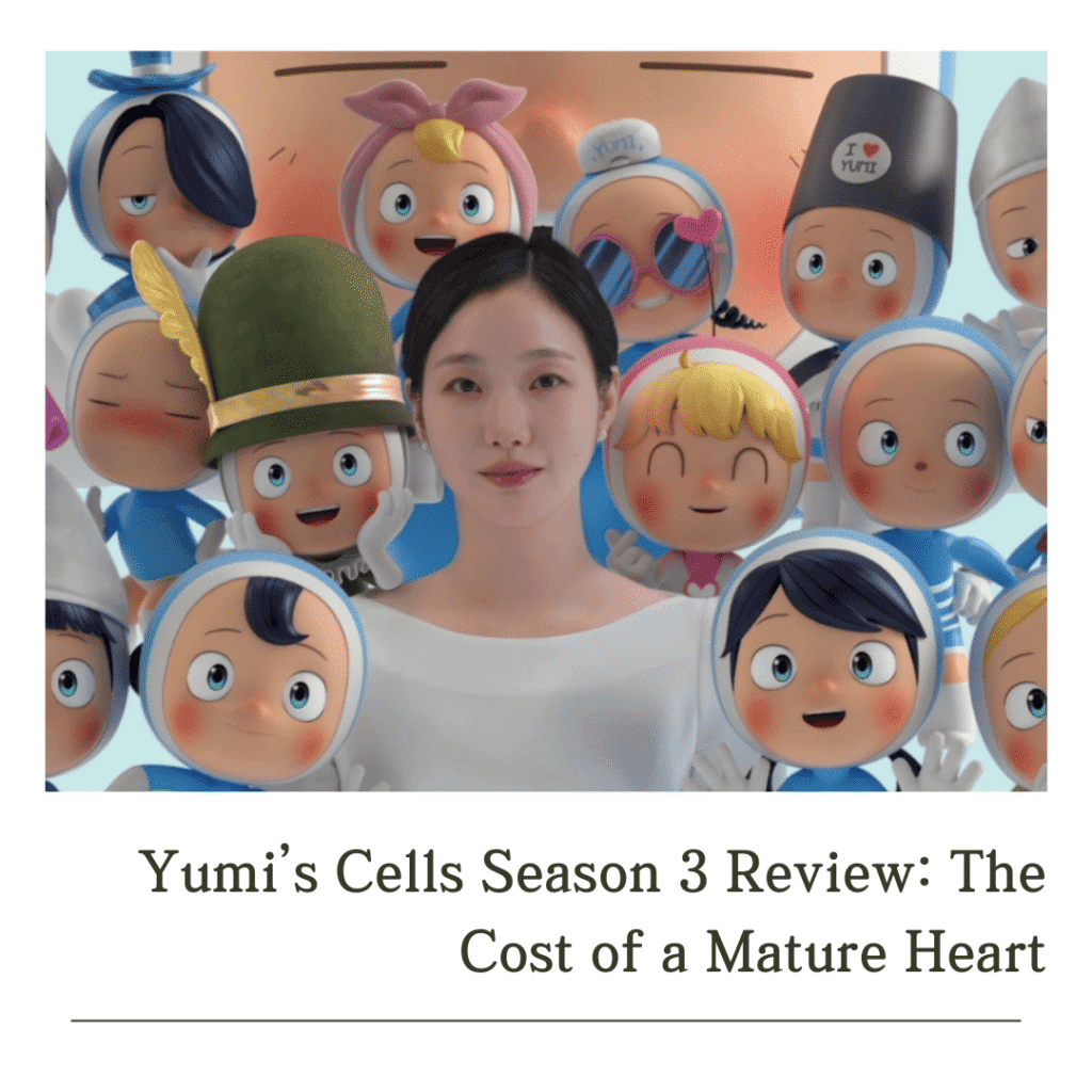 A vibrant blog cover for the Yumi’s Cells Season 3 review showing Yumi surrounded by the colorful animated cells of her inner world.