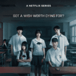 A promo poster used in our If Wishes Could Kill Review showing a group of friends in an empty classroom, while one student in the background has her face obscured by a glowing phone.