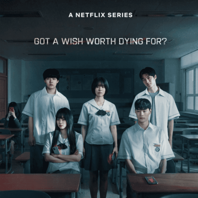 A promo poster used in our If Wishes Could Kill Review showing a group of friends in an empty classroom, while one student in the background has her face obscured by a glowing phone.