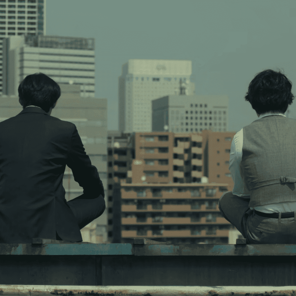 A contemplative still for the Sins of Kujo review showing Kujo and Karasuma sitting on the roof with their backs to the camera, looking over the city.