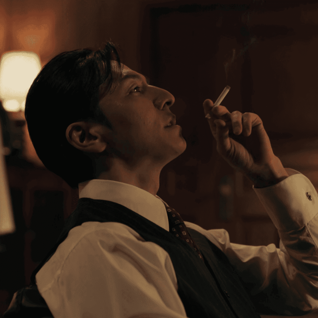 A dramatic narrative still for the Straight to Hell review showing Masaya Hotta sitting calmly in his office smoking a cigarette.