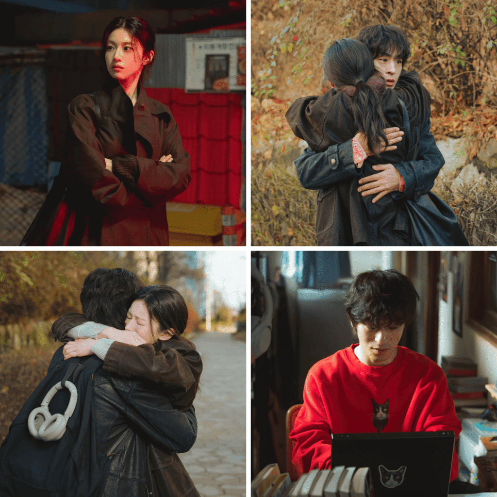 A multi-image layout for the We Are All Trying Here review combining individual narrative stills of Byeon Eun-ah and Hwang Dong-man, anchored by two separate scenes of them sharing an emotional, supportive hug.