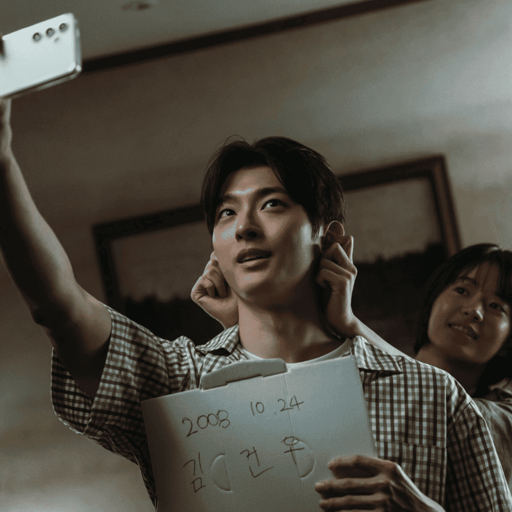 A deceptive still for the If Wishes Could Kill Review showing Geon-woo and Se-ah smiling at the camera as Geon-woo unknowingly makes his fatal wish on the Girigo app.