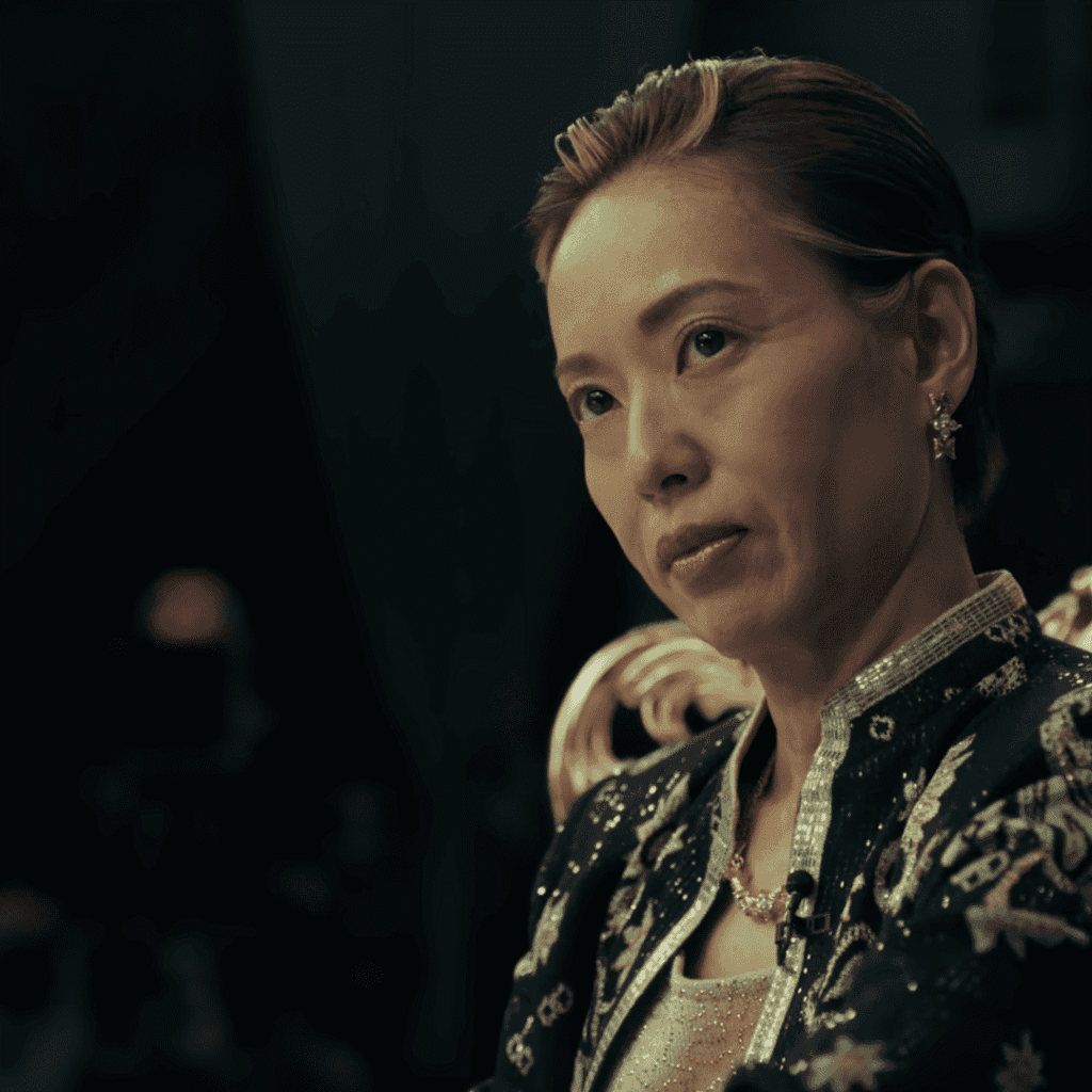 A late-series production still for the Straight to Hell review capturing Kazuko Hosoki on stage during an intense face-to-face interview with her biographer, Minori Izumi.