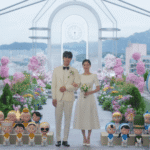 A wide wedding day still for the Yumi’s Cells Season 3 review featuring Yumi and Soon-rok at the altar with their respective animated cells flanking them.