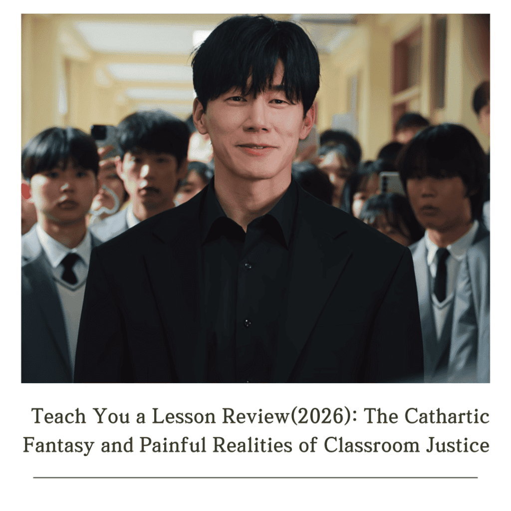 A live-streamed classroom confrontation scene used as the main banner for this Teach You a Lesson review, featuring Na Hwa-jin staring down a rowdy student while classmates record on smartphones.