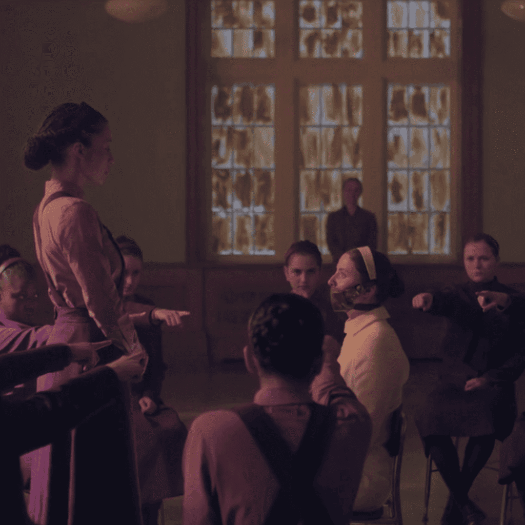 : A still image featuring Daisy sitting inside a circle of Plum Girls wearing a domestic mouth guard to prevent her from speaking while being accused of blasphemy with Agnes standing over her for The Testaments Review.