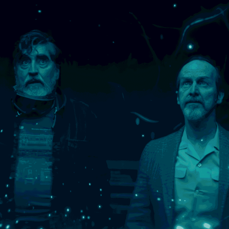 Sam and Wally standing in the middle of Sam's living room looking at the display left behind by the exploding alien DNA for The Boroughs Review.