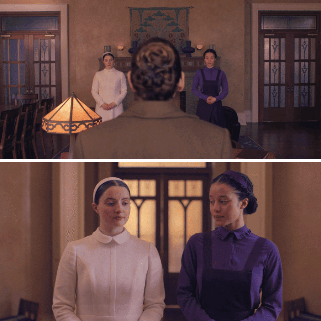 A two image grid for The Testaments Review showing the back of Aunt Lydia standing between Daisy and Agnes for their first meeting, alongside a close-up of Daisy in a pale dress next to Agnes in her purple Pearl robes.