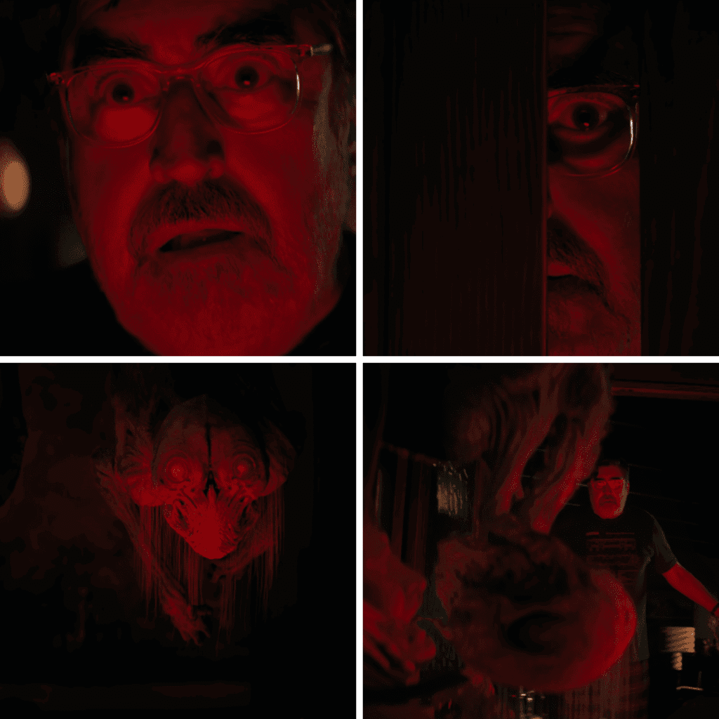 A four image grid for The Boroughs Review featuring two stills of Sam looking through a door and two stills of a creature feeding on Jack, all washed in a neon red lighting effect.