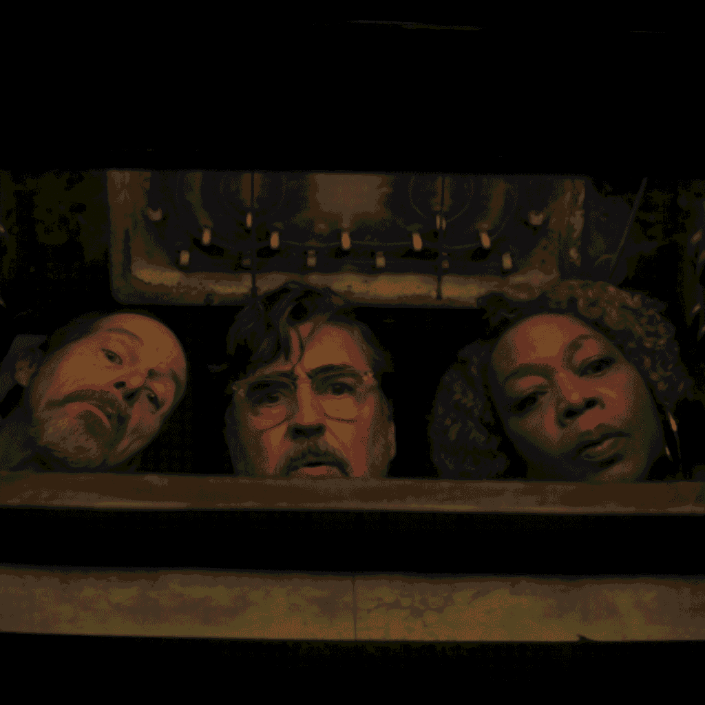A still image featuring Sam, Judy, and Wally peering anxiously inside an oven after Judy shot the creature, featured in The Boroughs Review.