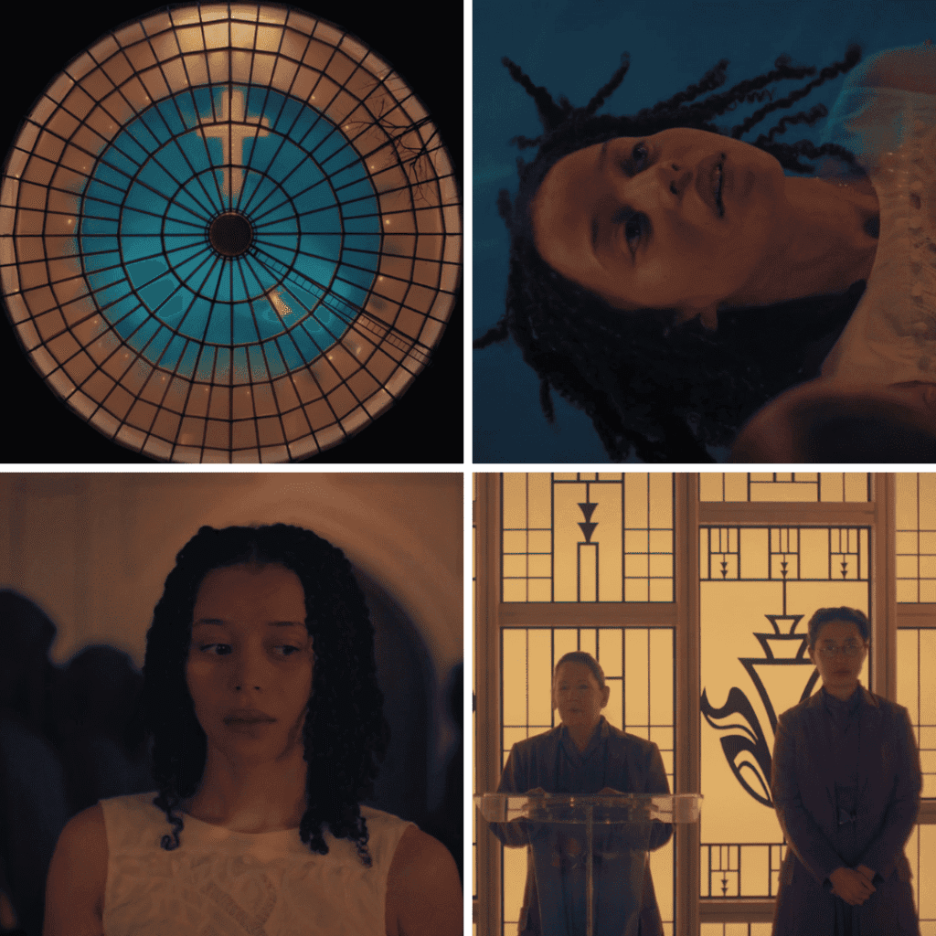 A four image grid for The Testaments Review showing an aggressive induction ceremony into becoming a Supplicant or Aunt, paired with two mosaic architectural patterns and two close-up stills of Agnes.