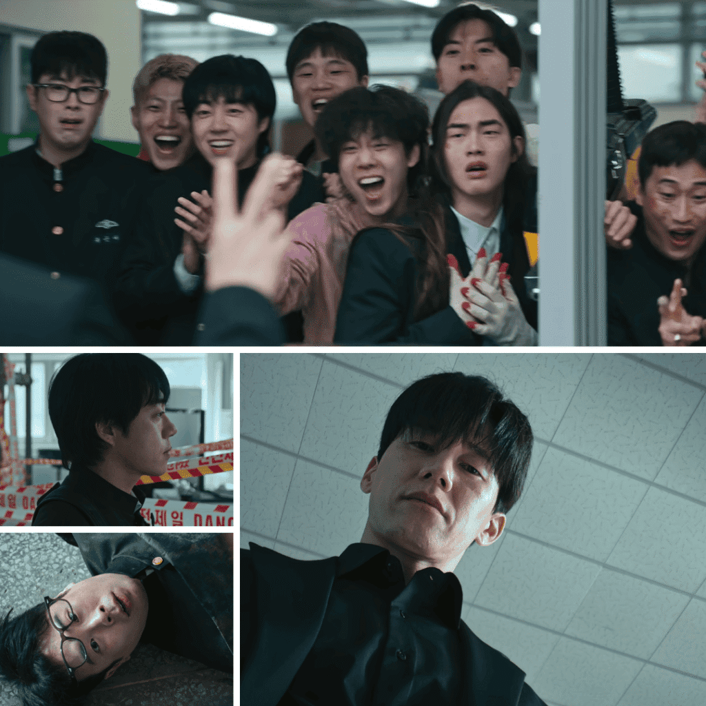 A four-image grid composite for our Teach You a Lesson review showcasing high school gang dynamics, smartphone recordings, a bullied student, and a chaotic car chase.