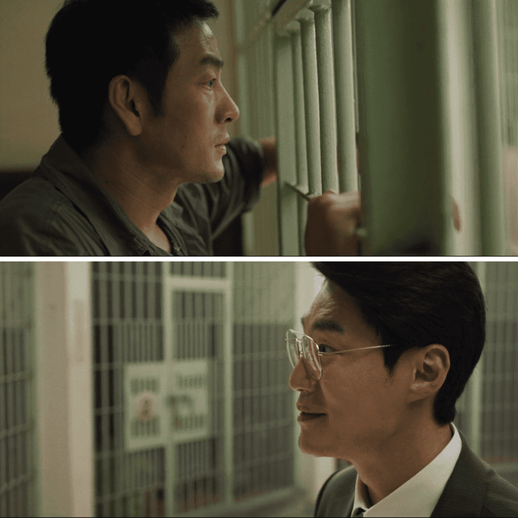 Kang Tae-joo and Prosecutor Cha Si-young face-to-face in an jail cell interrogation, discussed in The Scarecrow 2026 review.