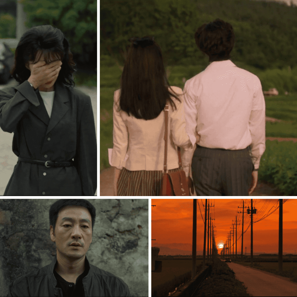 Image grid featuring a sunset road, Tae-joo at a funeral, Ki-hwan, Soon-young, and a journalist from The Scarecrow 2026 review.