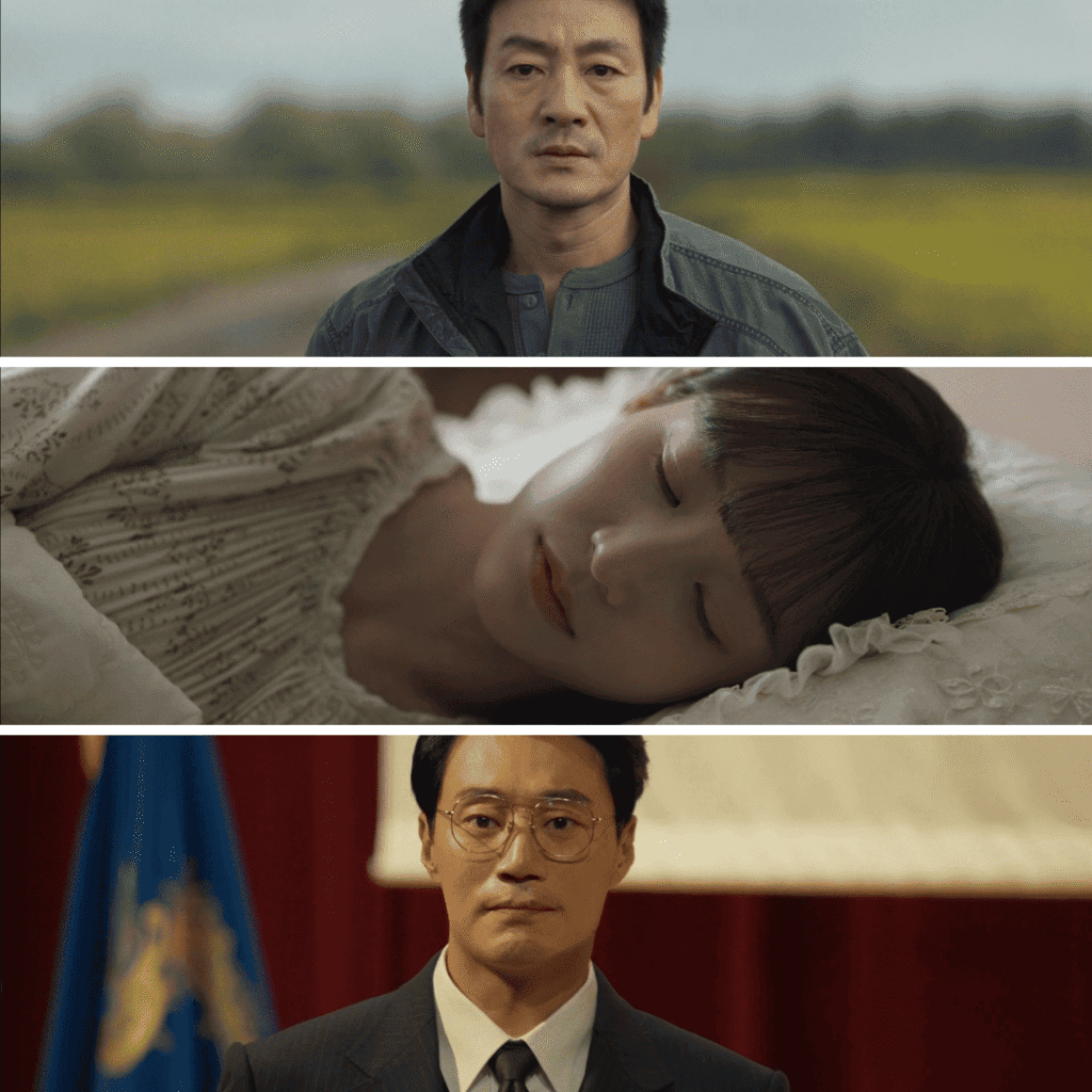 Kang Tae-joo, a sleeping Kang Soon-young, and Prosecutor Cha Si-young receiving an award, as seen in The Scarecrow 2026 review