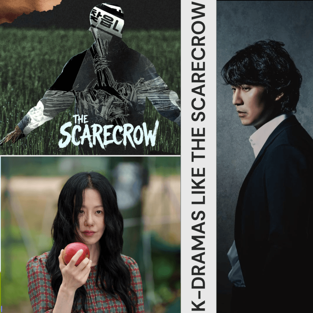 A 3-grid promotional photo collage for 10 K-Dramas to Watch If You Loved The Scarecrow, showcasing scenes from The Scarecrow, Queen Mantis, and Through the Darkness.
