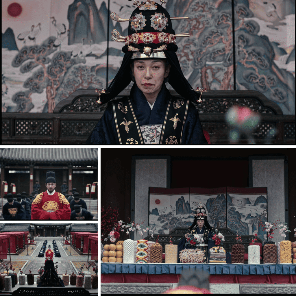 A four-image grid from The East Palace mid-season review featuring the Queen Dowager and the King adorned in their formal royal regalia for the 70th anniversary feast.
