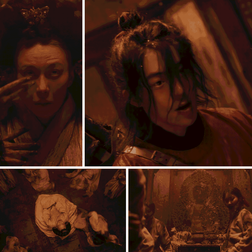 A four-image grid from The East Palace mid-season review tinted in a dark red sepia tone, showing ghost-slayer Gu-cheon in the desolate Shadow Realm fighting the vengeful spirits of murdered court ladies as they attempt to pull the Queen Dowager into the underworld.