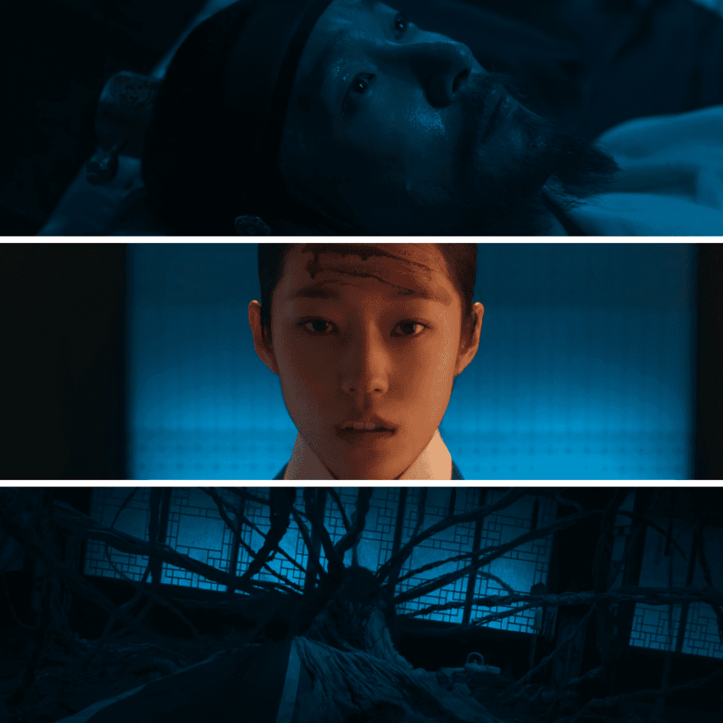 A three-image grid tinted in a cool blue sepia tone for The East Palace mid-season review; the top left shows a troubled close-up of the King in bed, the top right shows a close-up of Saeng-gang with blood smeared on her forehead, and the wide bottom image shows the King being attacked by the cursed spirit's massive, reaching vines.