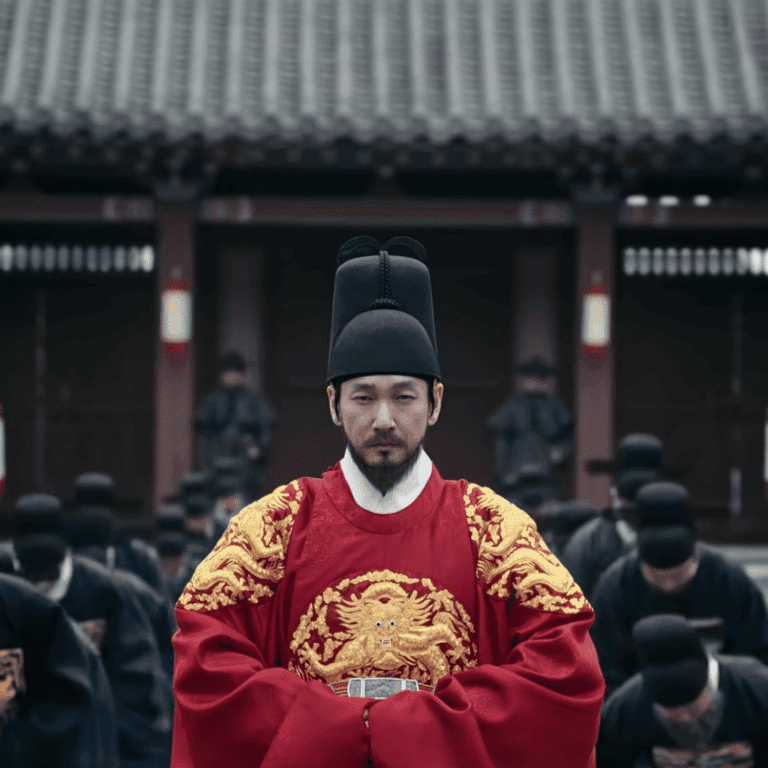 Still shot from The East Palace mid-season review showing the King dressed in ornate traditional royal regalia during the Queen Dowager’s 70th anniversary celebration.