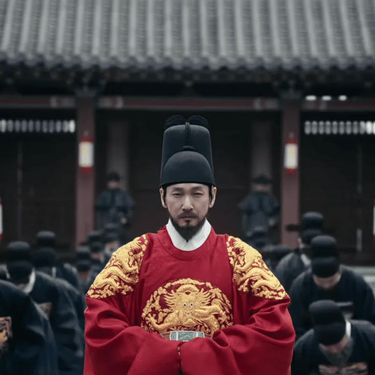 Still shot from The East Palace mid-season review showing the King dressed in ornate traditional royal regalia during the Queen Dowager’s 70th anniversary celebration.