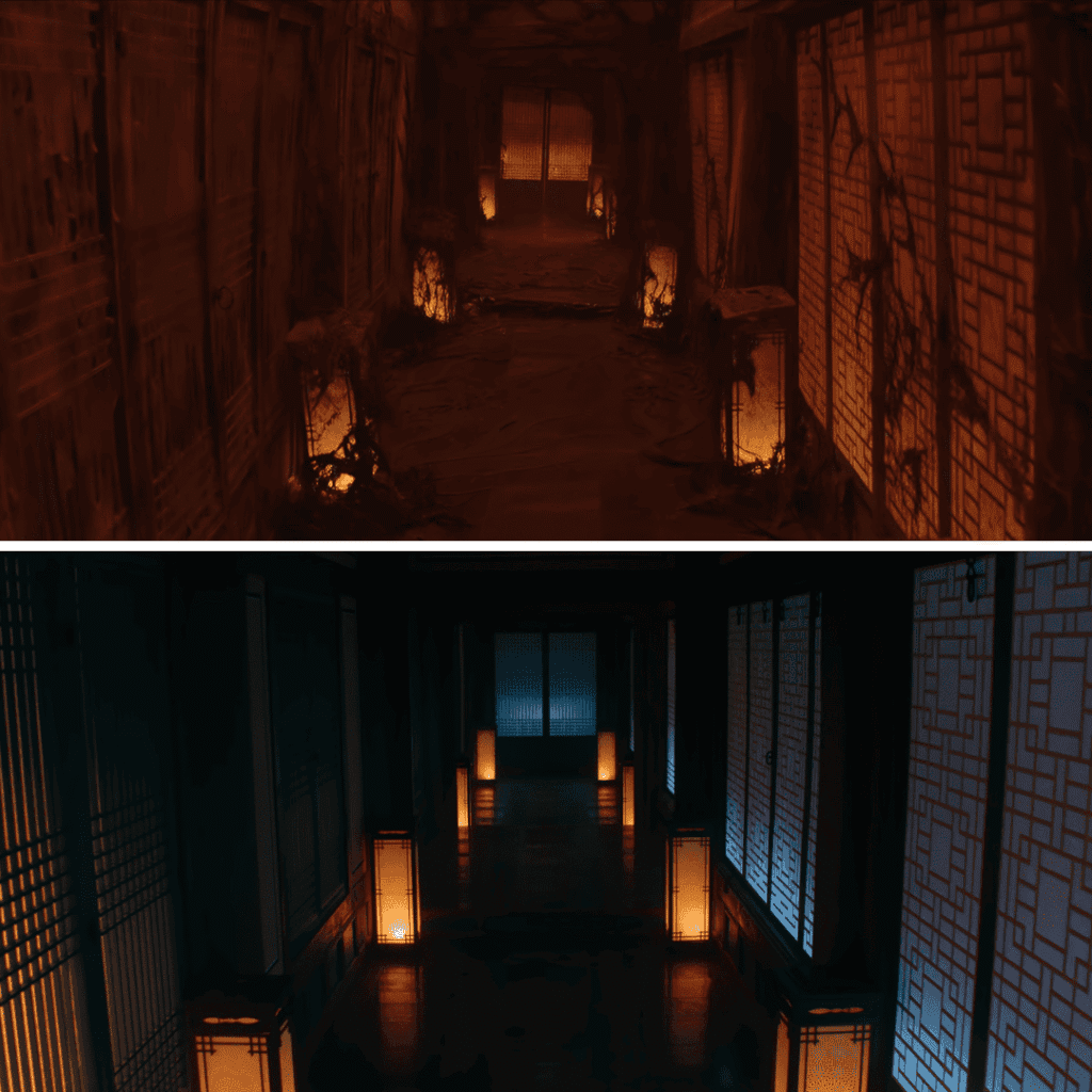 A side-by-side two-image grid from The East Palace mid-season review comparing the normal lantern-lit reality of the hallway to the Queen Dowager’s residence against its desolate, haunting counterpart inside the Shadow Realm.
