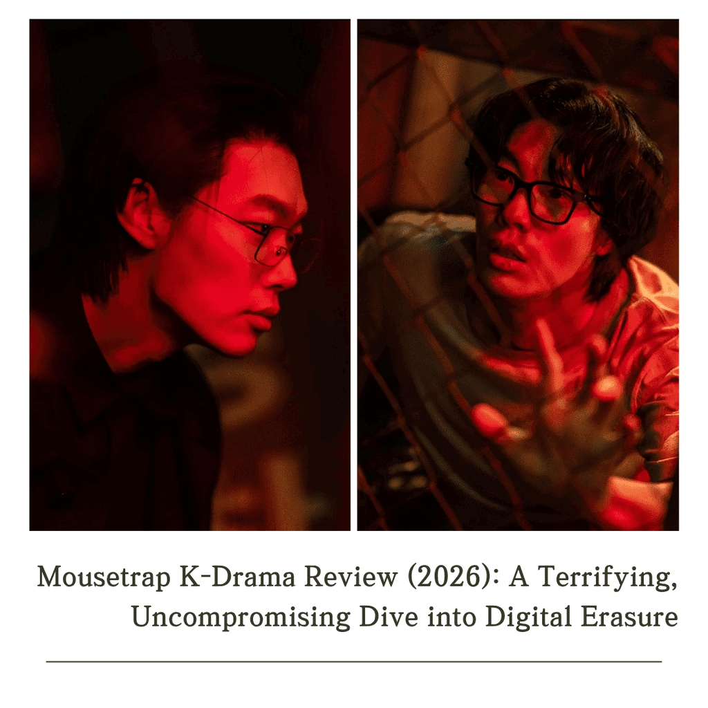 Split-image grid from our Mousetrap K-drama review showing Jae-hoon and the rat staring through a fence under red light.