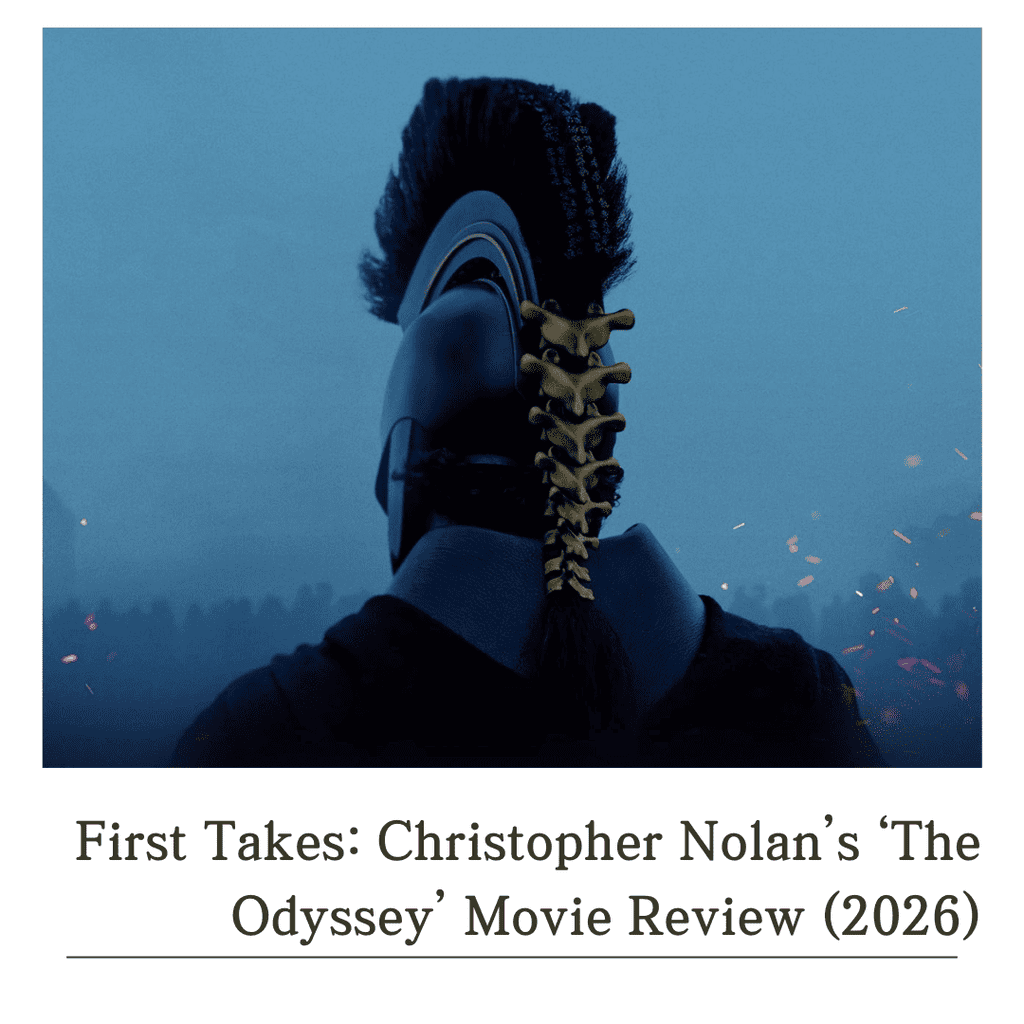 Promotional Poster of Rear view of Odysseus' iconic Trojan helmet against a blue background featured in this The Odyssey movie review.