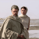 Odysseus standing on Calypso's island with the goddess Athena beside him in this The Odyssey movie review.