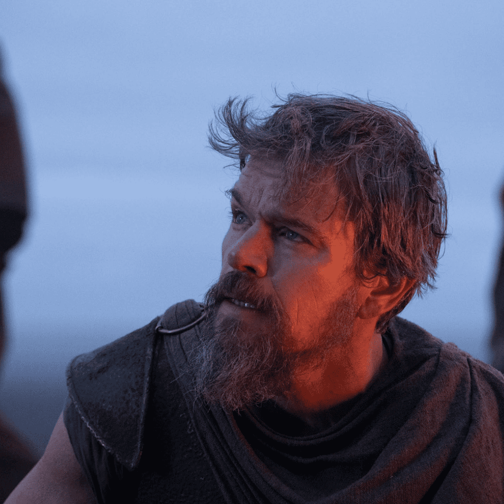 Intense close-up shot of Matt Damon as Odysseus analyzed in this The Odyssey movie review.