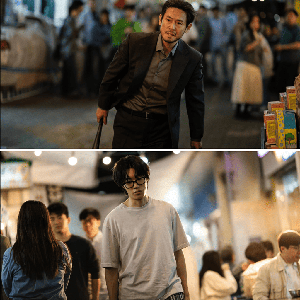 Two-image grid in our Mousetrap K-drama review showing No-ja with a baseball bat and Moon-jae in pajamas.