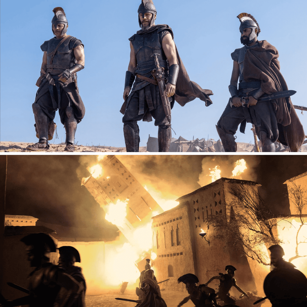 Two-image comparison grid showing Troy burning and Odysseus looking down with his men for The Odyssey movie review.