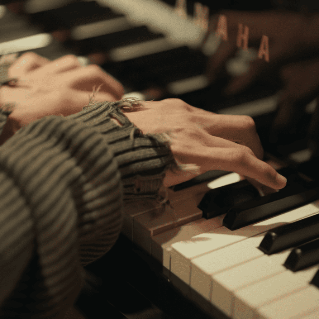 Close-up still of Choi Jeong-yo's hands playing a Yamaha piano at Kang Pi-o's house during an audition for his grandfather in Four Hands, Two Sonatas.