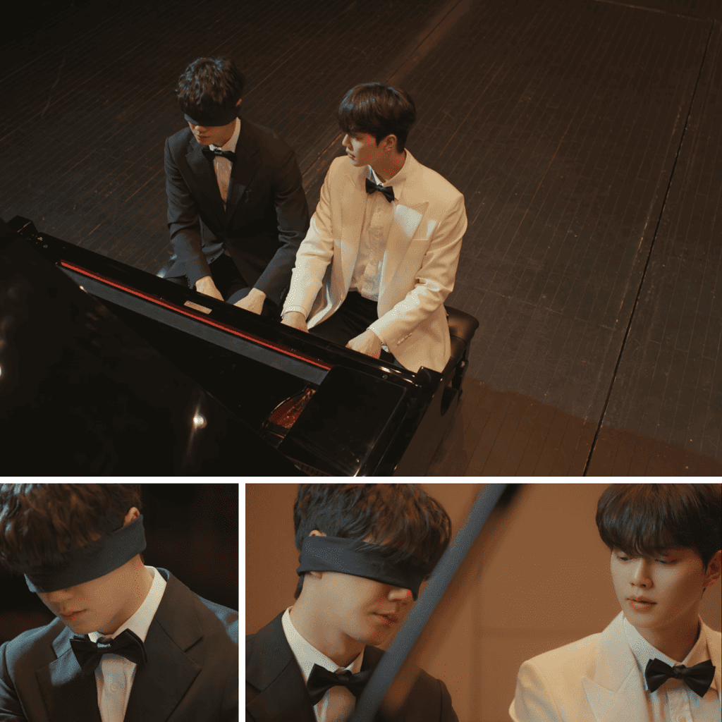 Four Hands, Two Sonatas K-drama Review: Three-image grid showing Kang Pi-o and Choi Jeong-yo at the piano as Choi Jeong-yo performs blindfolded during a school assessment