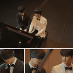Four Hands, Two Sonatas K-drama Review: Three-image grid showing Kang Pi-o and Choi Jeong-yo at the piano as Choi Jeong-yo performs blindfolded during a school assessment