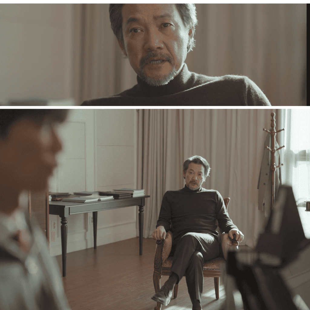 Alt Text:
Two-image grid showing a close-up of Kang Pi-o's grandfather and the grandfather seated and listening during an audition in Four Hands, Two Sonatas.
